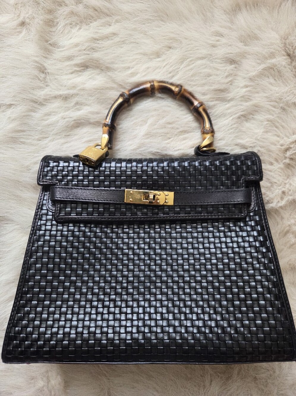 Cosci Bag Leather Handbag with Bamboo Handle Black
